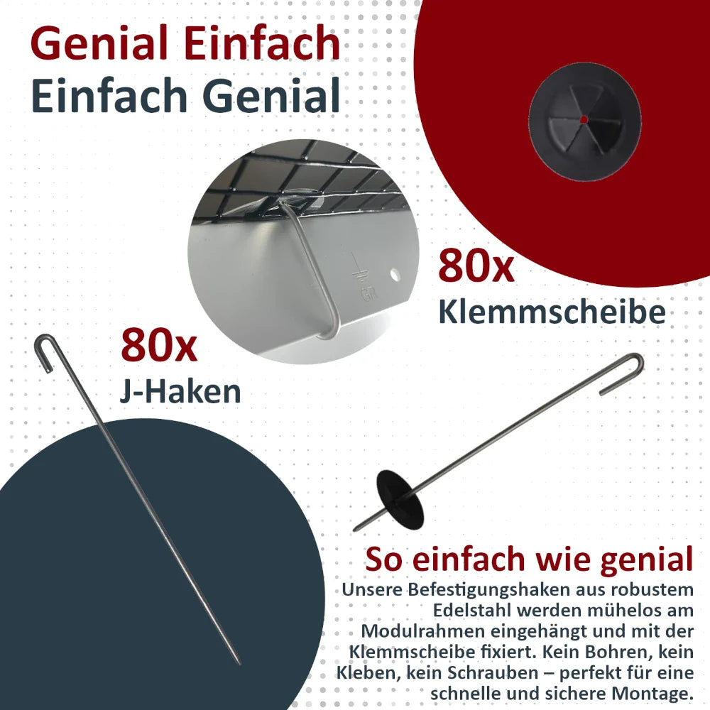 Befestigungshaken aus Edelstahl für den Solarkäfig, einfach am Modulrahmen einhängen und mit Klemmscheibe fixieren – schnelle Montage ohne Bohren, Kleben oder Schrauben.
