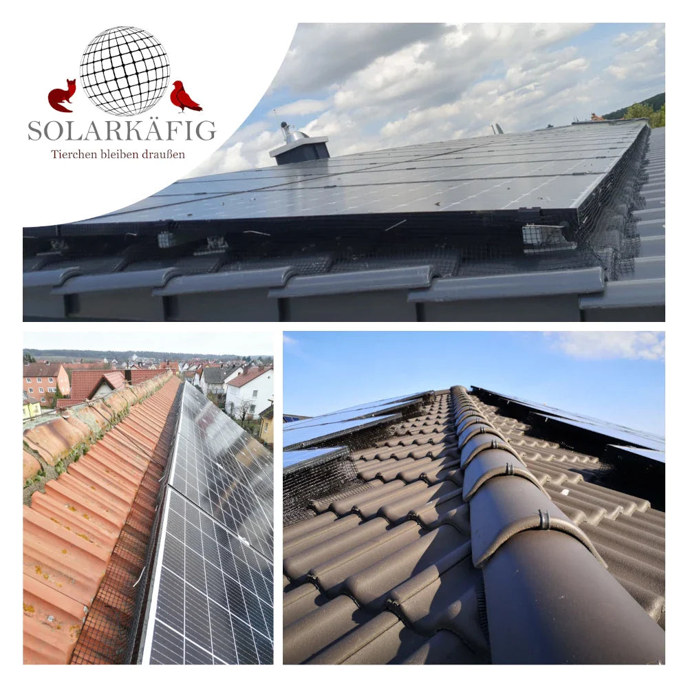 Mehrere Solaranlagen von Kunden mit installiertem Solarkäfig, der effektiven Schutz vor Tauben und Mardern bietet und unauffällig in die Dachlandschaft integriert ist.