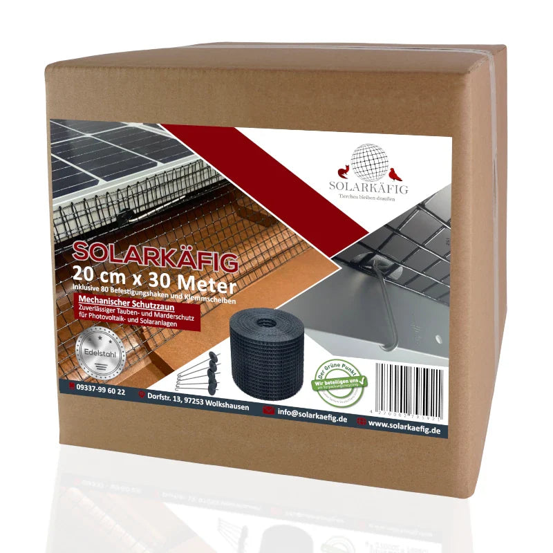Solarkäfig Schutzzaun 20 cm x 30 Meter aus hochwertigem Edelstahl, bietet zuverlässigen Schutz vor Schädlingen bei Photovoltaikanlagen.