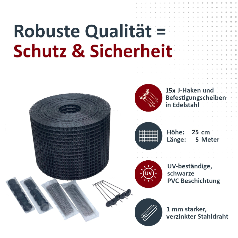Rolle Solarkäfig-Schutzzaun mit Icons und wichtigsten technischen Daten wie Höhe, Länge, Maschenweite und Material, ideal für effektiven Schutz von Solaranlagen.