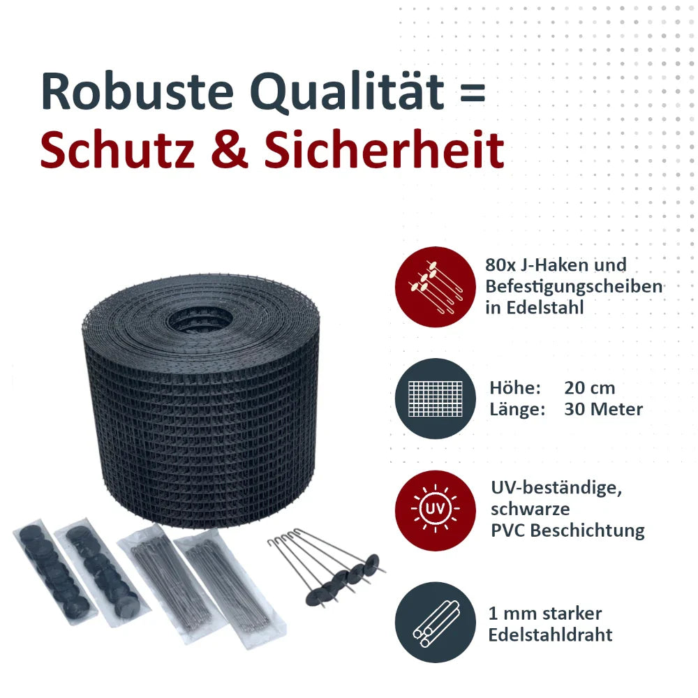 Rolle Solarkäfig-Schutzzaun mit Icons und wichtigsten technischen Daten wie Höhe, Länge, Maschenweite und Material, ideal für effektiven Schutz von Solaranlagen.